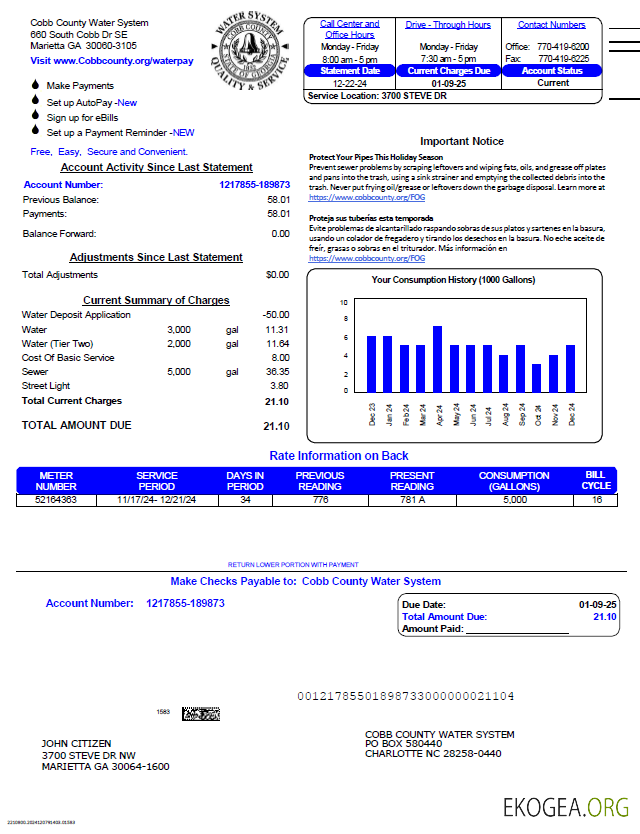 USA Cobb County Water System utility bill template in Word and PDF formats, version 3